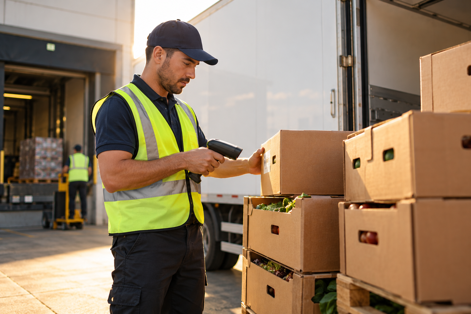 Armazém de distribuição com mercadorias e operação de carregamento