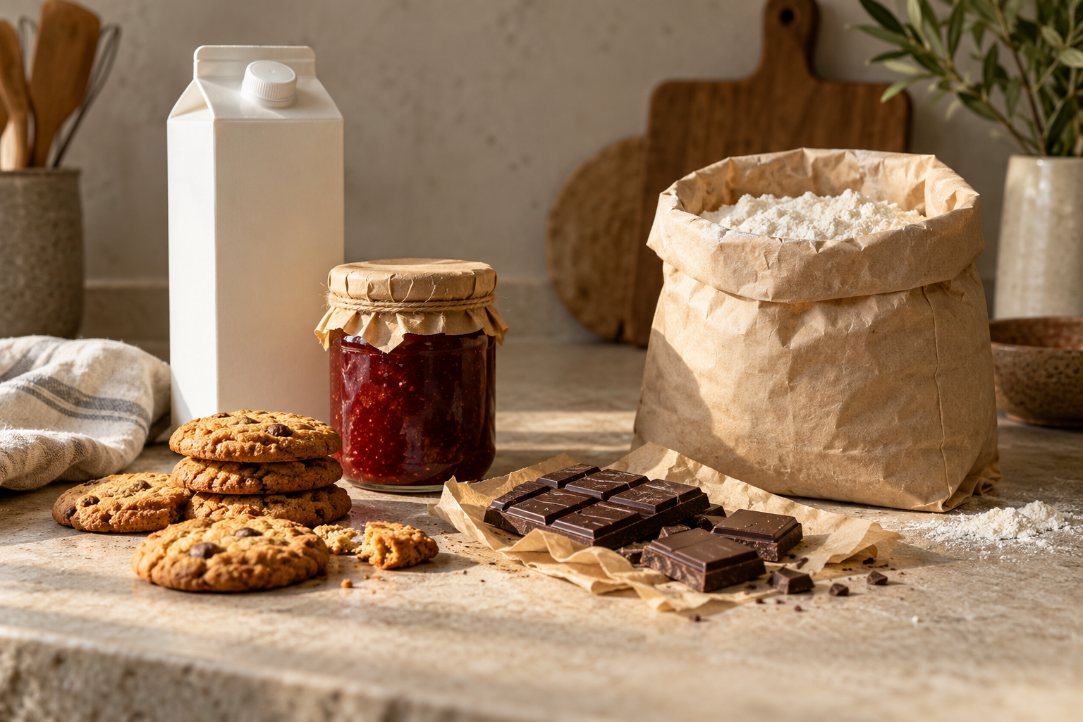 Produtos alimentícios nas prateleiras de um supermercado